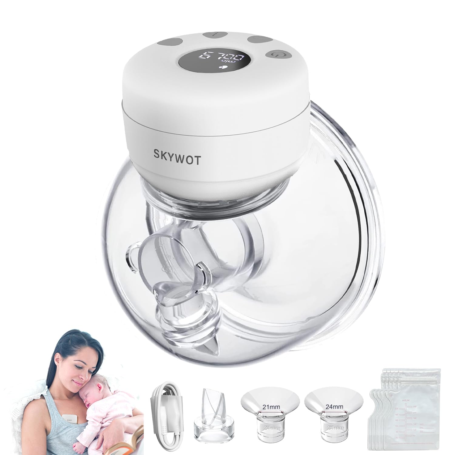 SKYWOT S21 Breast Pump Electrical Hands Free,Portable Wearable Hands Free Breast Pump Wireless for Breastfeeding,2 Modes & 9 Levels Wearable Pump,21/24/27mm Flange,1 Pack