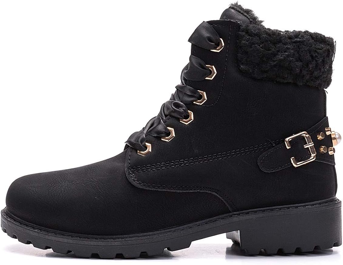  | DADAWEN Women's Round Toe Waterproof Outdoor Lace up Work Combat Ankle Bootie Fur Lined Warm Winter Snow Boots | Snow Boots