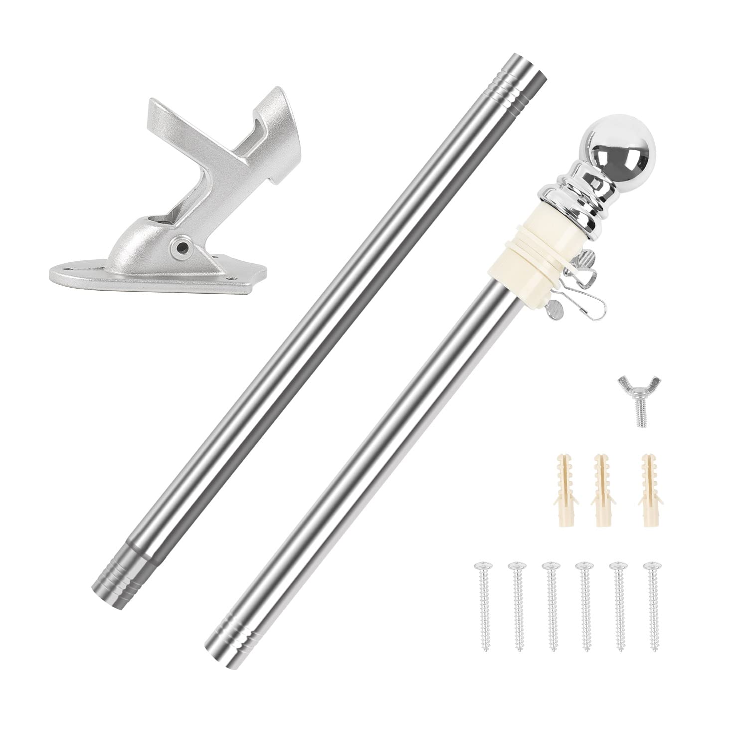 Flag Pole Kit, 6FT Stainless Steel Wall Bracket Flag Pole with Adjustable Length, 360° Tangle Free Wall Mounted Flag for House, Garden and Commercial (Silver)