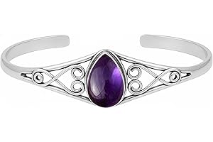 Amethyst Cuff Bracelet for Women – Silver Plated Adjustable Pear Shape Purple Gemstone Open Bangle, Handmade Crystal Healing 