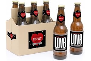 Big Dot of Happiness Conversation Hearts - Valentine's Day Decorations for Women and Men - 6 Beer Bottle Label Stickers and 1 Carrier