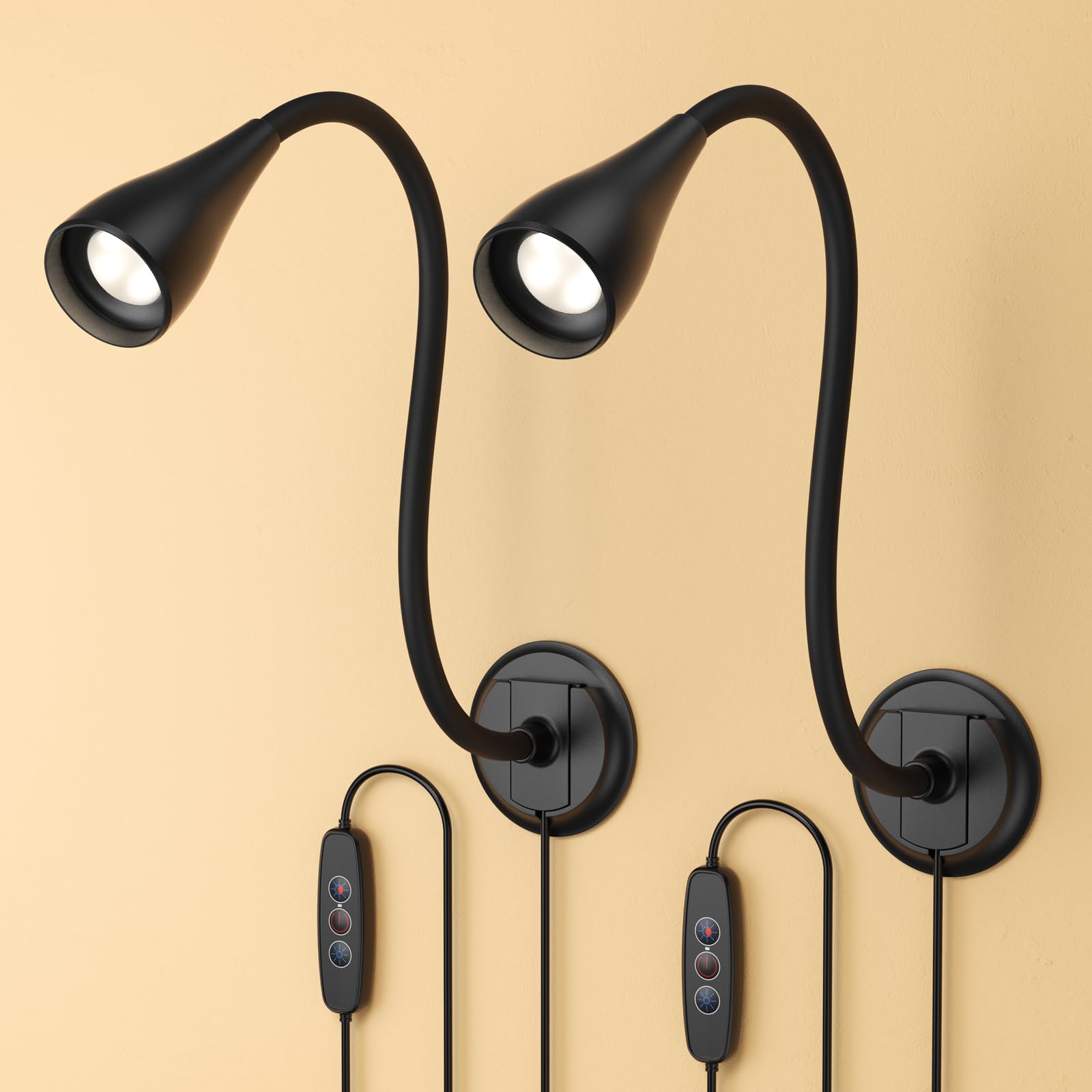 Photo 1 of Book Light for Reading at Night in Bed, Wall Mount Reading Light for Bedside,Headboard, Eye Care LED, 5 Color & Brightness Dimmable, Flexible Gosseneck, 2 Pack