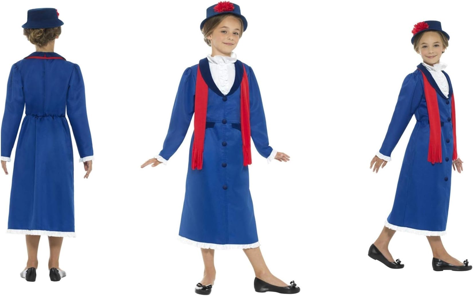 Fancy Dress World - Kids Girls Magical Posh Victorian Nanny Costume Blue with Dress Hat & Scarf 45625 - Ideal for TV World Book Day School Events Child Movie Costume (UK Kids Large 10-12 Years)