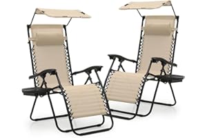 Athena Collection Patio Chairs Set of 2 Reclining Lounge Chair with Cup Holder and Pillow Fabric Camping Chairs with Canopy Foldable Beach Chairs for Garden, Park, Deck, Yard, Poolside, Cream