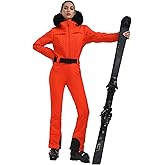 GSOU SNOW Womens Ski Suit One Piece Snowsuit Snowboard Jacket Slim Snow Jumpsuit Faux Fur Ski Outfit Waterproof
