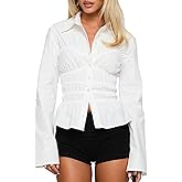 Womens Button Down Long Sleeve Babydoll Shirts Striped/Solid Lapel V Neck Slim Fit Blouses Fall Work Office Tops
