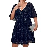 Plus Size Cap Sleeves Long Sleeves V Neck Sequins Skater Cocktail Club Dress