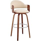 Armen Living Daxton Mid Century Modern Swivel Bar Stool for Kitchen Island Counter in Cream Faux Leather and Walnut Wood, 26"