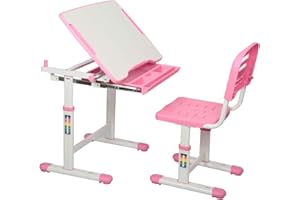 Diroan Kids Multifunctional Desk and Chair Set, Height Adjustable Children School Study Desk with Large Tilt Desktop, Metal Hook and Storage Drawer for Boys Girls, Pink