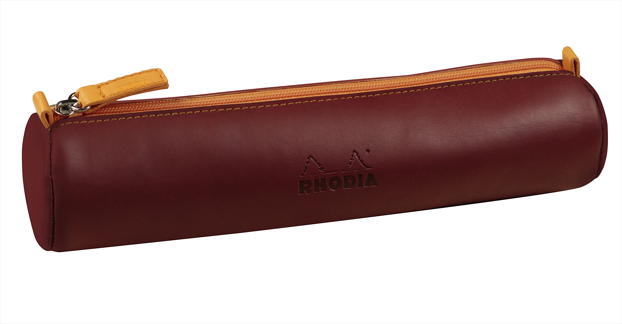 RHODIA 319000C - Round Pencil Case Rhodiarama Burgundy - 21.5 x 5.5 cm - Genuine Orange Stitching - Ivory Jersey Interior - Faux Leather - Storage for Pens, Pencils, Markers, Small Supplies