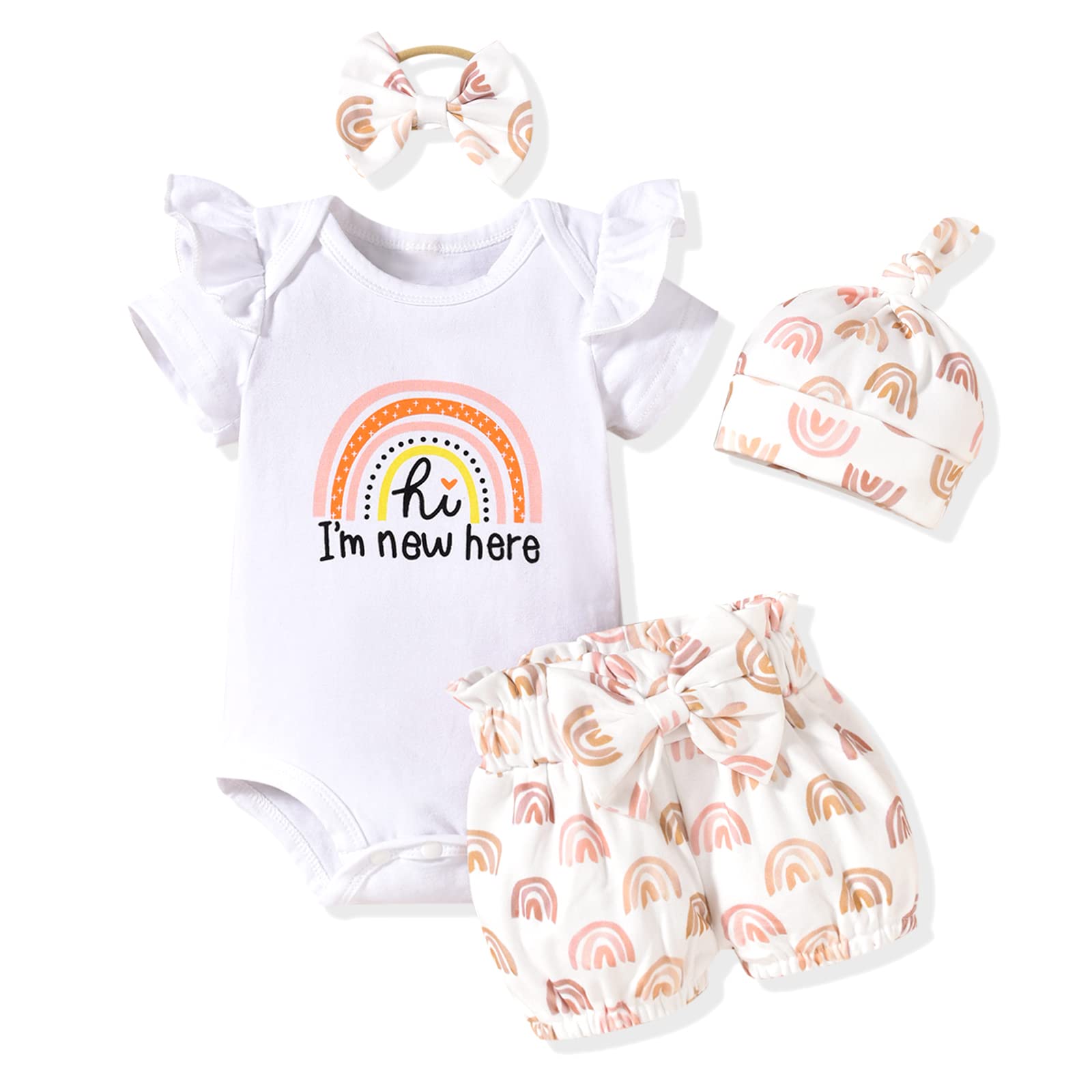 Photo 1 of Newborn Baby Girls Summer Clothes I m New Here Hi Short Sleeve Spring Fall Shorts Outfit NB Coming Home Rainbow
