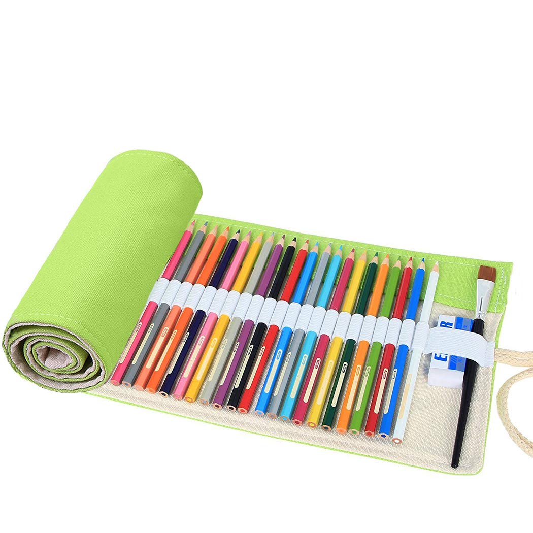 Amoyie Roll Up Pencil Case for 48 Coloured Pencils, Foldable Colouring Pens Organiser Bag, Artist Wrap, Portable Canvas Holder, Green