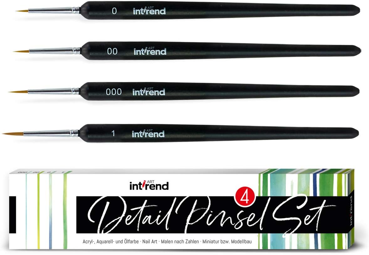 int!rend Detail Pinsel Set, 4 feine Haarpinsel, optimales Pinselset für Aquarell, Acryl, Öl Farben, Modellbau, Warhammer 40k, Nägel, Malen nach Zahlen - Künstler Paint Brush
