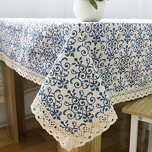 Budding Joy Rectangular Damask Pattern Decorative Macrame Lace Tablecloth Heavy Weight Cotton Linen Fabric Decorative Table Top Cover (55"70", Blue And White Porcelain)