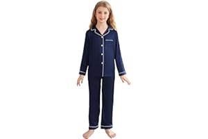 Veseacky Unisex Satin Pajamas Set Boys Girls Silk Pjs Short Sleeve 2 Piece Sleepwear Button-Down Kids Nightwear(4-13T)