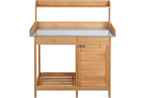 FullFurnique Potting Bench Table, Outdoor Garden Workstation Metal Tabletop with Cabinet Drawer Open Shelf, Natural Wood