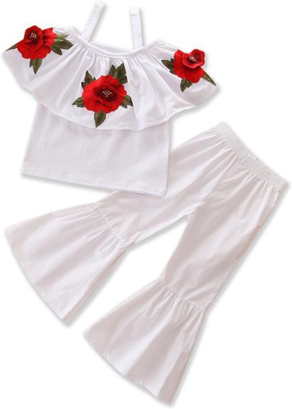 Baby Girls Off Shoulder 3D Rose T-Shirt Top + Long Flare Pants Ruffled Outfit Clothes Set