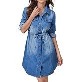 Denim Dress for Women Button Down Casual Long Sleeve A-Line Belted Midi Jean Dresses with Pockets