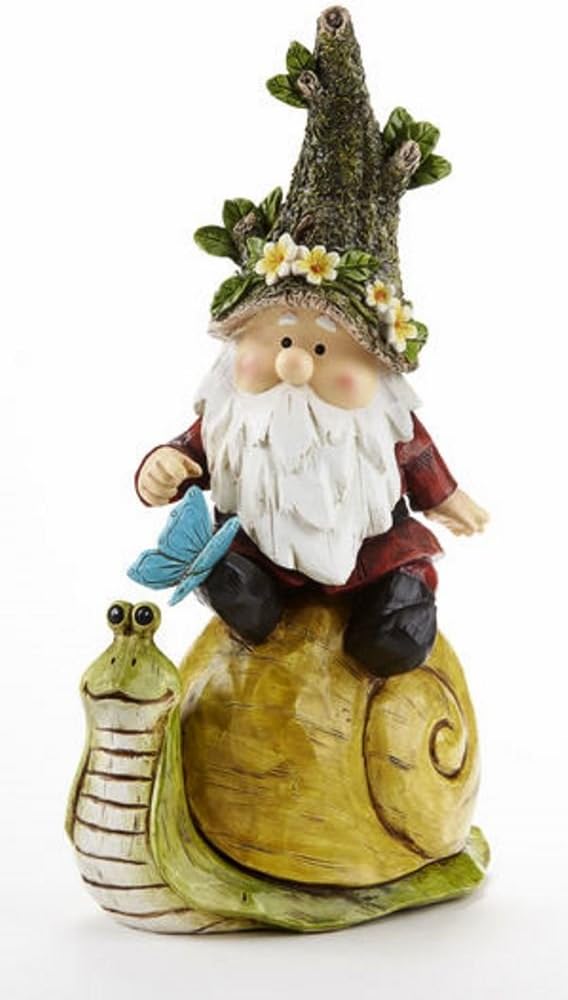 Red Garden Gnome Riding a Snail 12 inch Resin Stone Garden Statue Figurine