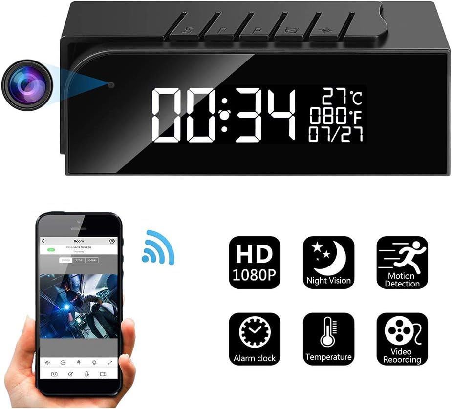 OWEM Wireless Security Cameras Alarm Clock Spy WiFi Camera Hidden Mini Nanny Cam with Motion Detection Home Surveillance Night Vision Temperature Display