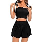 ShawGobow 2 Piece Summer Sets,Square Neck Bow Tank Top & Short Set,Beach Vacation Smocked Outfits For Women Crusie Resort Black Medium