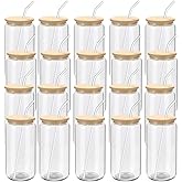 YOUKE OLA 20 Pack Glass Cups with Bamboo Lids and Glass Straw 16oz Beer Can Shaped Drinking Glasses Cups, Glass Tumbler Reusable Cute Cups for Whiskey, Iced Coffee, Tea, Soda, Cocktail, Gift, Clear