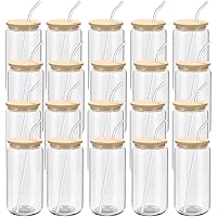 20 Pack Drinking Glass with Bamboo Lids and Glass Straws, Beer Glass Can Shaped Drinking Glasses Cups, Glass Tumbler Reusable