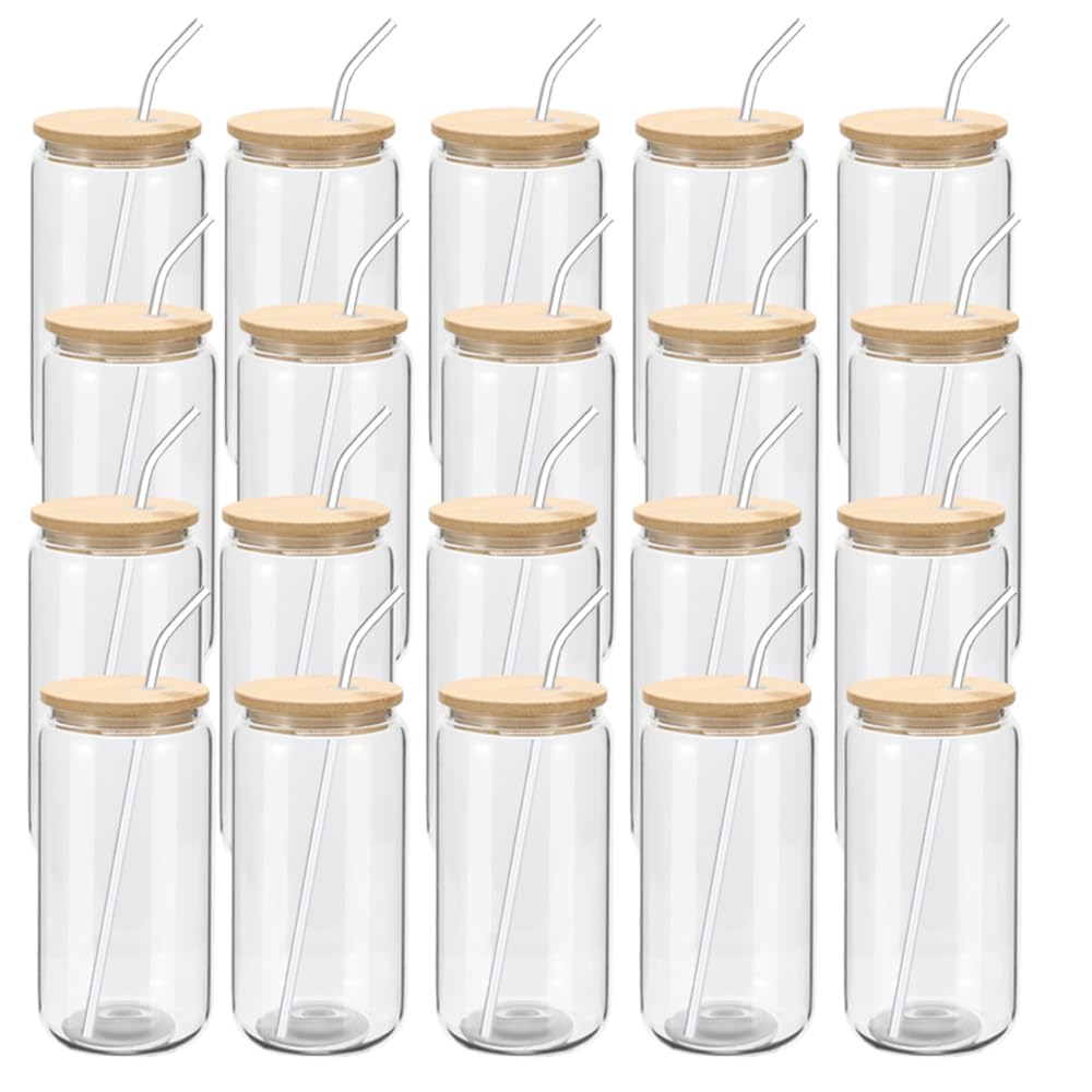 Photo 1 of YOUKE OLA 20 Pack Glass Cups with Bamboo Lids and Glass Straw 16oz Beer Can Shaped Drinking Glasses Cups, Glass Tumbler Reusable Cute Cups for Whiskey, Iced Coffee, Tea, Soda, Cocktail, Gift, Clear