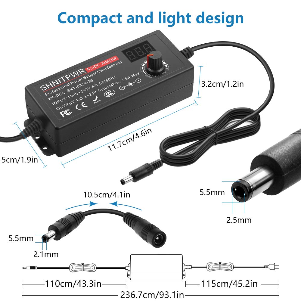 SHNITPWR 36W Universal AC to DC Adapter 3V ~ 24V Adjustable Power Supply AC/DC Converter Transformer 3V 5V 6V 9V 12V 15V 18V 19V 20V 24V 1A 1.2A 1500mA with 14 Tips & Polarity Converter