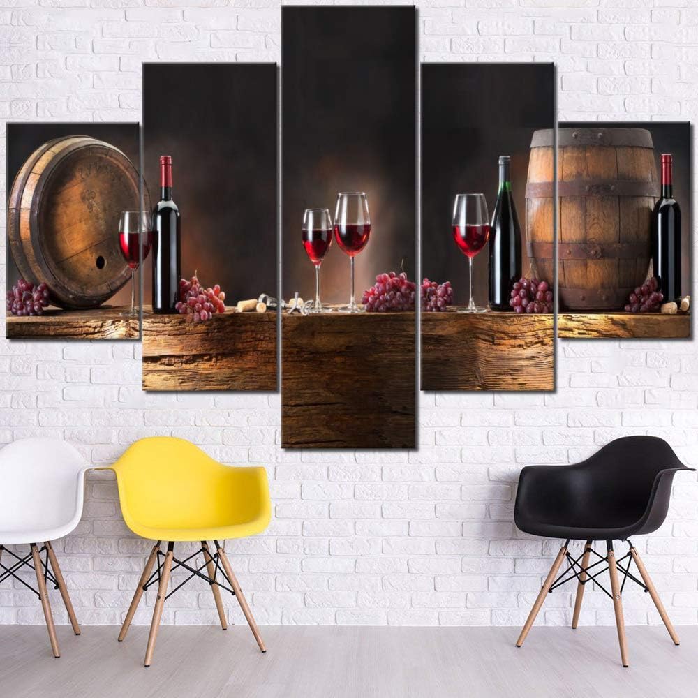 5 Piece Canvas Wall Art Barrel with Red Wine and Freshly Grapes