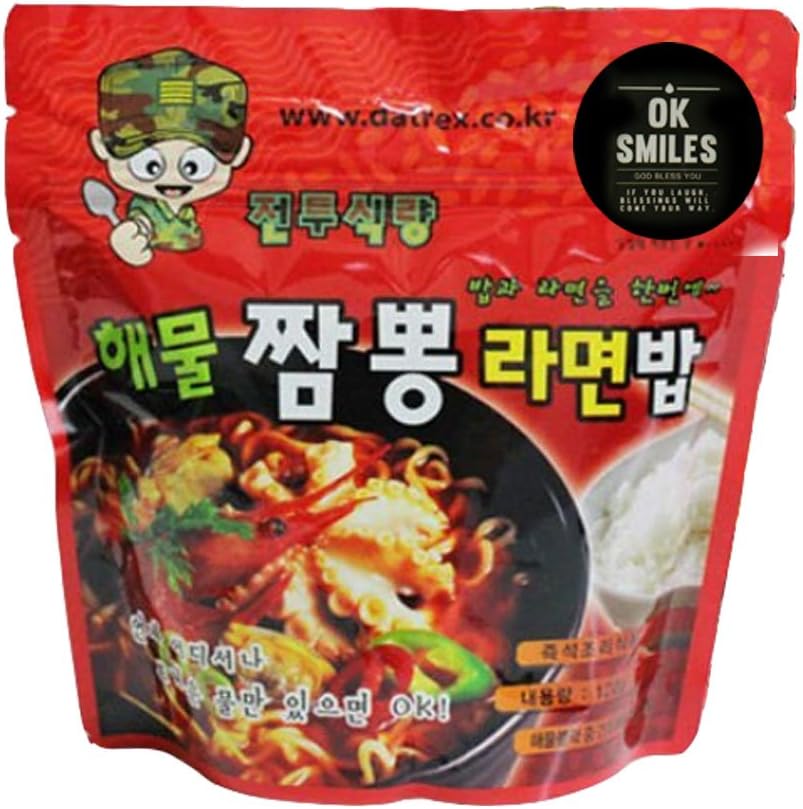 Korean Military MRE Ramen Spicy Seafood Noodle Soup with Rice 120g/1pack Gift Free Plastic Spoon!!Great for Christmas Gift, Fishing, Hunting!!!Emergency food for Disaster (noddle & rice)
