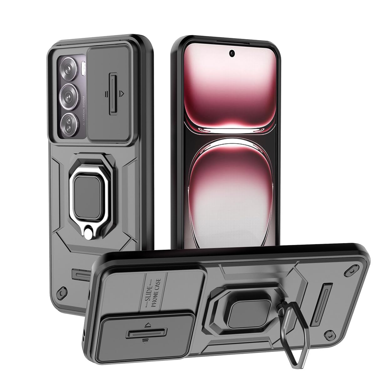 UPLAI Case for OPPO Reno 12 Pro 5G(Reno12 Pro 5G), Shockproof Armor Cover with Slide Camera Cover and 360° Rotatable Hidden Metal Ring Kickstand, Premium TPU + PC Durable Case. Black