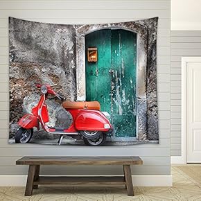Photo of Red Scooter Near Green Door and Palm - Fabric Wall Tapestry Home Decor - 51x60 inches