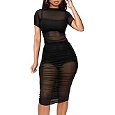 Women See Through Bodycon Dress - Sexy 3 Piece Outfits Cami Top Shorts Ruched Sheer Mesh Midi Party Dress