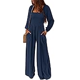 AUXDIO Womens Casual Square Neck Long Sleeve Jumpsuits Loose Smocked Wide Leg Romper with Pockets
