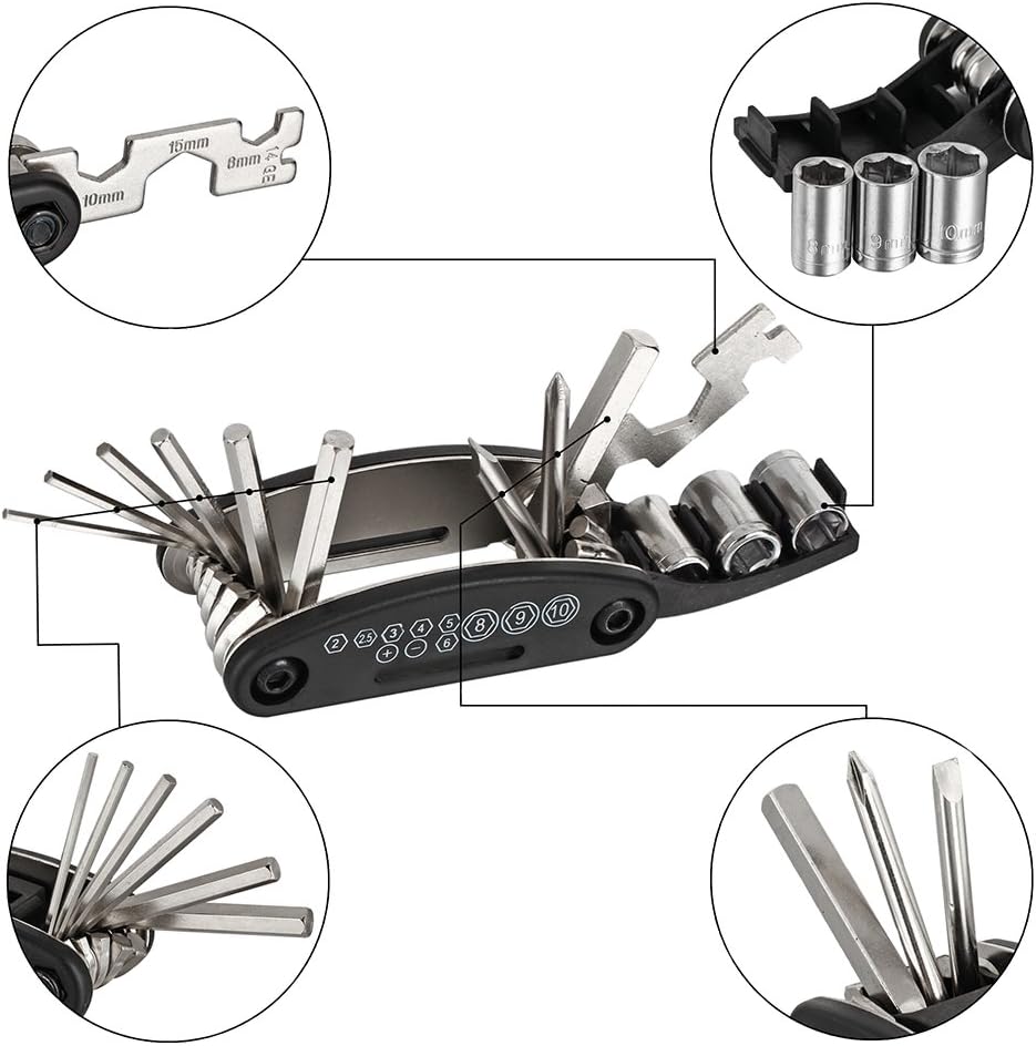 WOTOW Bike Repair Set Bag Bicycle Multi Function 16 in 1 Tool Kit Hex Key Wrench Tire Patch Lever Portable Handy Multi Tool Maintenance Fix Mini Set for Road Mountain Bikes (16 in 1) : Sports & Outdoors