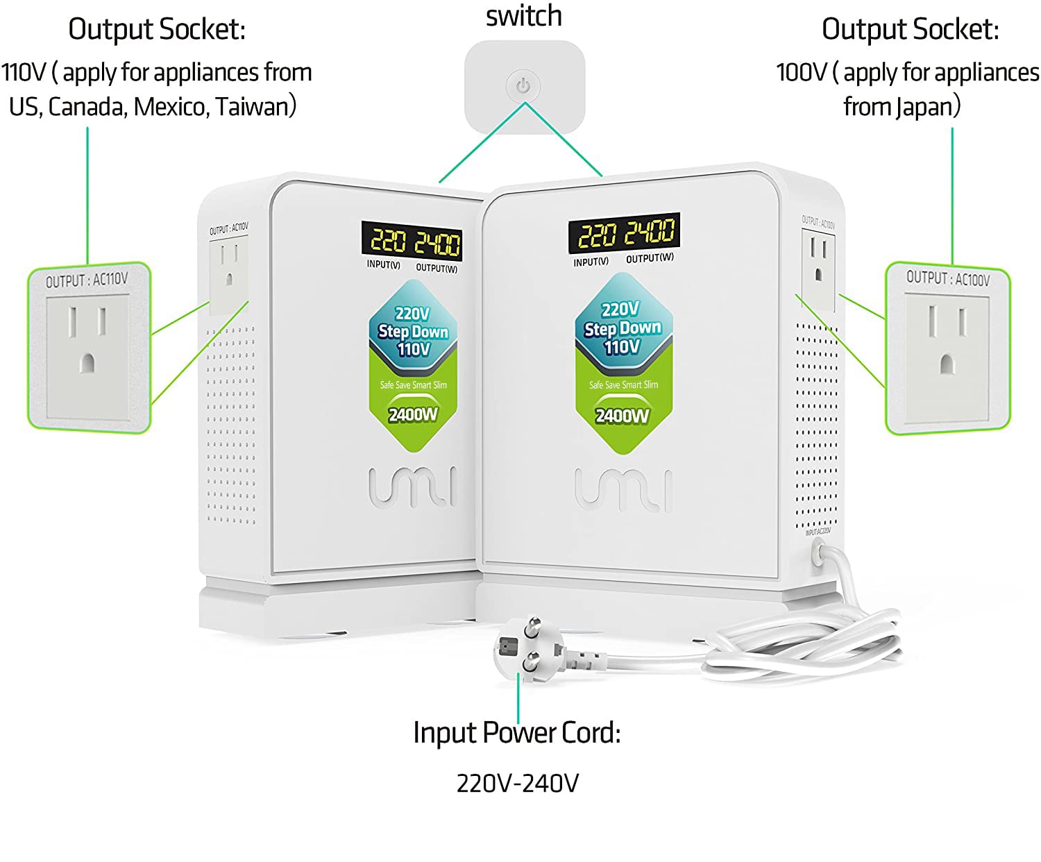 UMI 2400W Step Down 220v to 110v Voltage Converter, Heavy Duty 220V to 110V Power Converter with Auto Mode, Step Down Converter 220V to 110V - US to Europe Voltage Converter