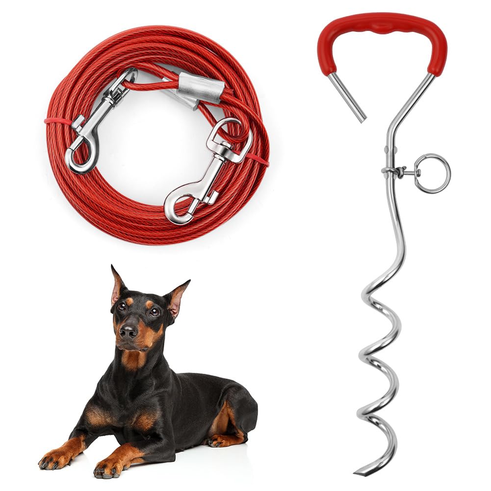 Aomig 20FT(6M) Dog Tie Out Cable with Spiral Ground Stake, Heavy Duty for Outdoor Yard