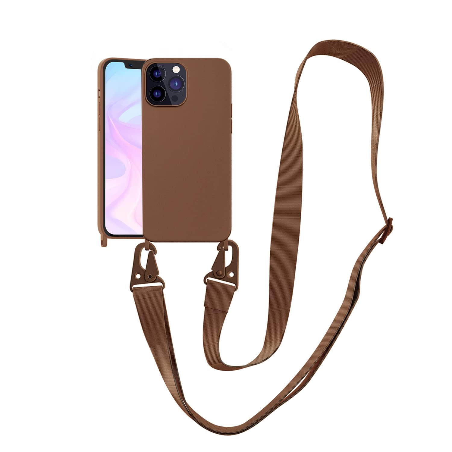 VooDirop Crossbody Case for iPhone 15 Pro Max, Soft Silicone TPU Phone Necklace Case with Nylon Strap, Crossbody Protective Phone Cover Compatible with iPhone 15 Pro Max Brown