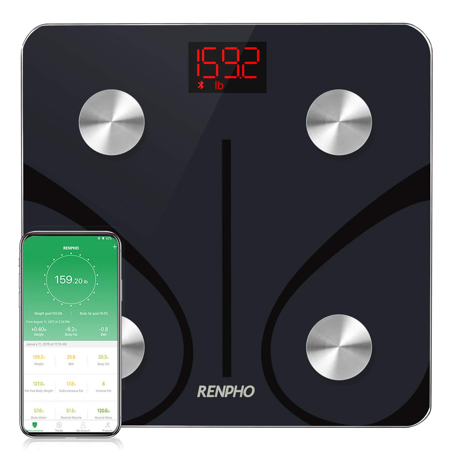 (4)RENPHO Bluetooth Body Fat Scale, Weight Scale Digital Bathroom Smart Body Composition Analyzer Wireless BMI Scale Health Monitor with Smartphone APP, 396 lbs/180kg