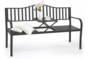 BODIOO Outdoor Metal Garden Bench 59" Patio Bench with Built in Table Park Bench, Outside Bench Weather Proof Front Porch Bench, 500lbs, Gray