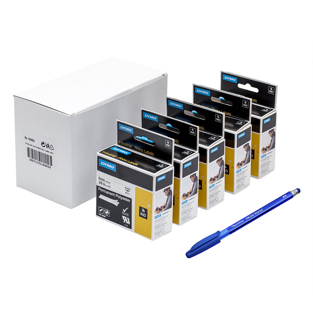 5 x Dymo 18482 Rhino Industrial Polyester Labels, Self-Adhesive, 9 mm x 3.5 m - Black on White + PaperMate Pen Gift