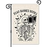 JMYROG Read Books Garden Flag, Reading Double Sided Yard Outdoor Farmhouse Lawn Porch Decor Flag, Funny Skeleton Reading Banner, Book Club Gifts for Reading Lovers, Bookish Garden Decor For Bookworms