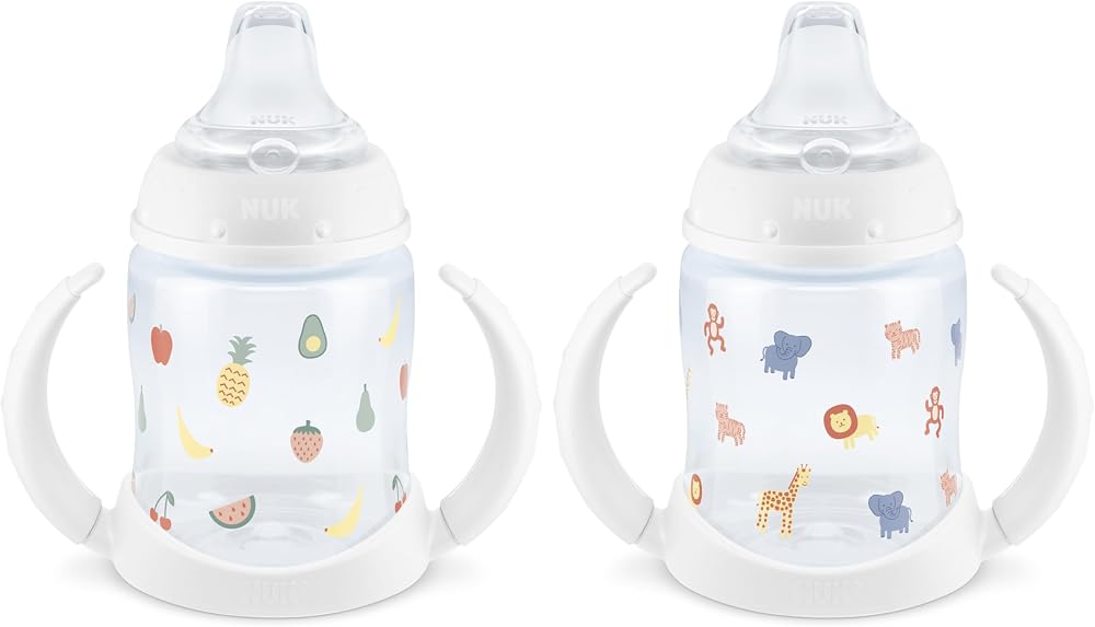 NUK Learner Cup, 6+ Months, Fun Fruits and Animals, Amazon Exclusive Collection, 5 Oz, Pack of 2 – BPA Free, Soft Spout, Spil