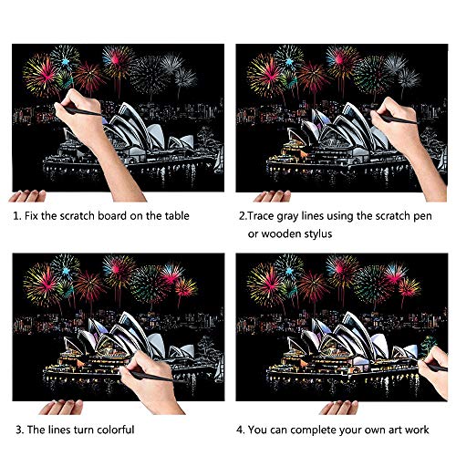 Scratch Art Paper Rainbow Painting Sketch Pad DIY Scenery View Scratchboard for Adults and Kids - 4 Packs, 16 X 11.2 Inches - Thumbnail 2