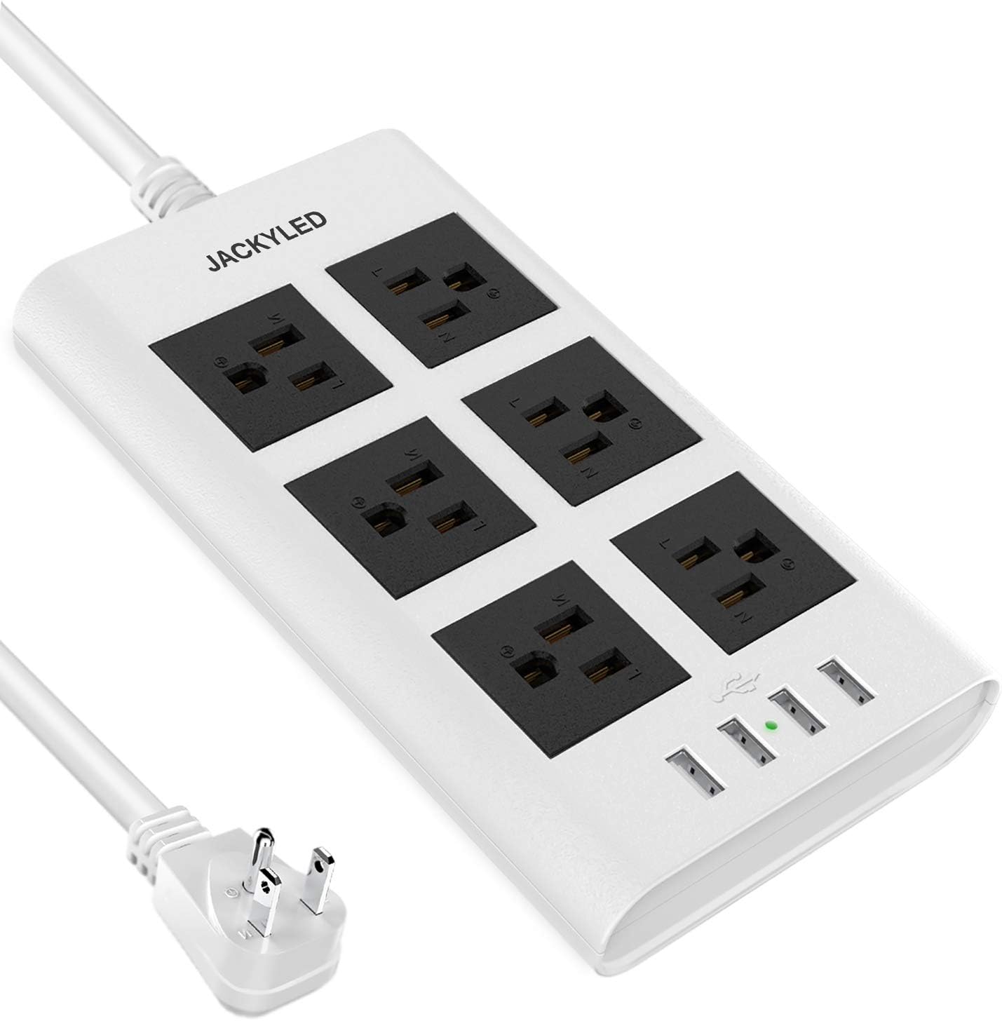 Power Strip 10ft Surge Protector JACKYLED Flat Plug 15A 14 AWG Long Extension Cord 6 AC Outlets 4 USB Ports Fast Charge Electric Outlet Fireproof Desktop Charger for iPhone iPad Laptop White: Home Audio & Theater