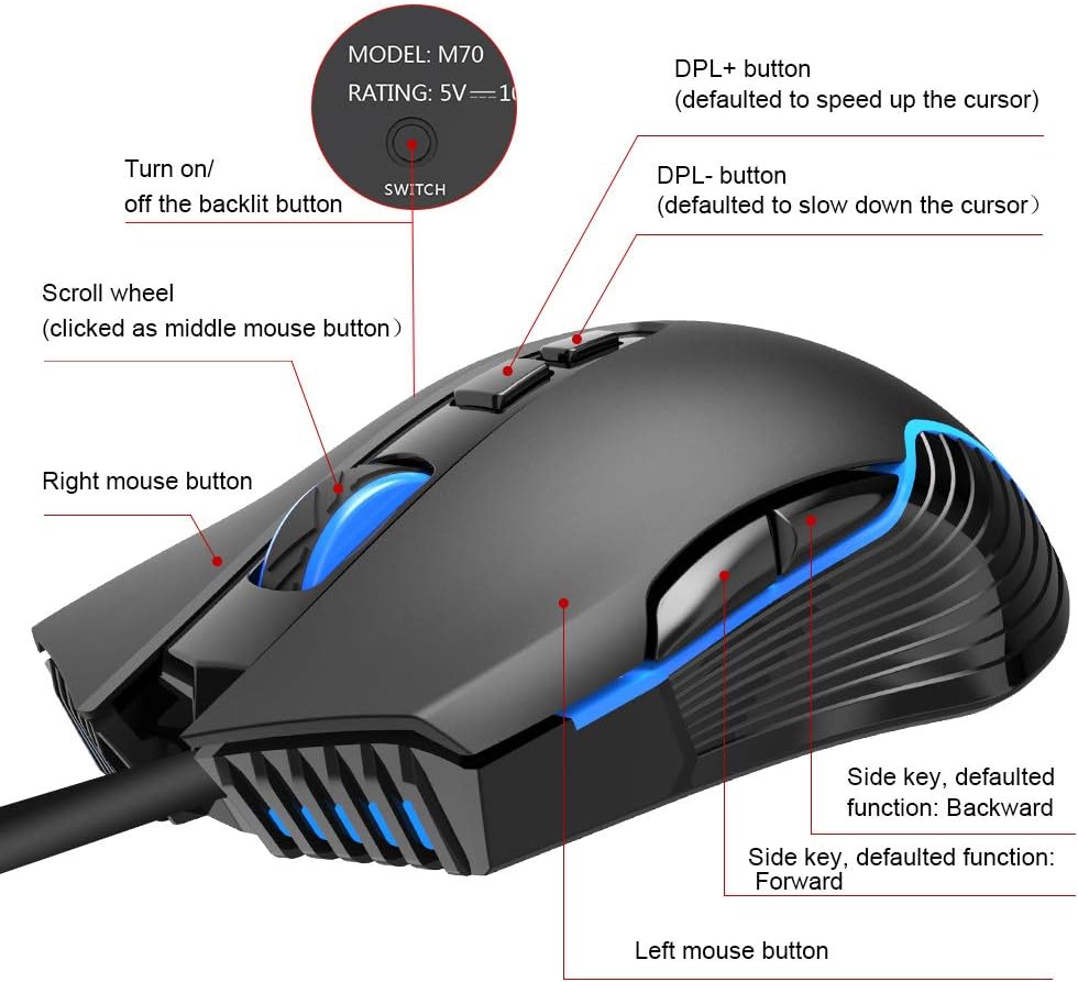 NPET M70 Wired Gaming Mouse, 7200 DPI, 7 Programmable Buttons, LED Backlit, Ergonomic Optical PC, Comfortable Computer Gaming Mice for Windows 7/8/10/XP Vista Linux, Black (M70 Wired Gaming Mouse): Electronics