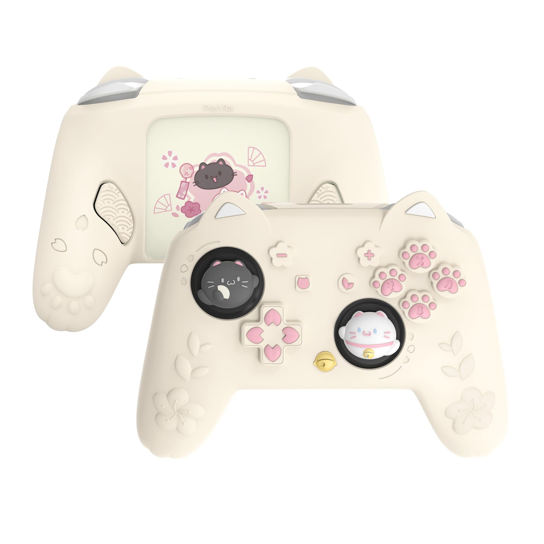 PlayVital for Nintendo Switch 2 Pro Controller Silicone Cover – Cherry Blossoms Kitten Cute Protective Skin Case for Switch 2 Pro Controller w/Back Button Cap & Thumb Grip & Sticker - Antique Yellow