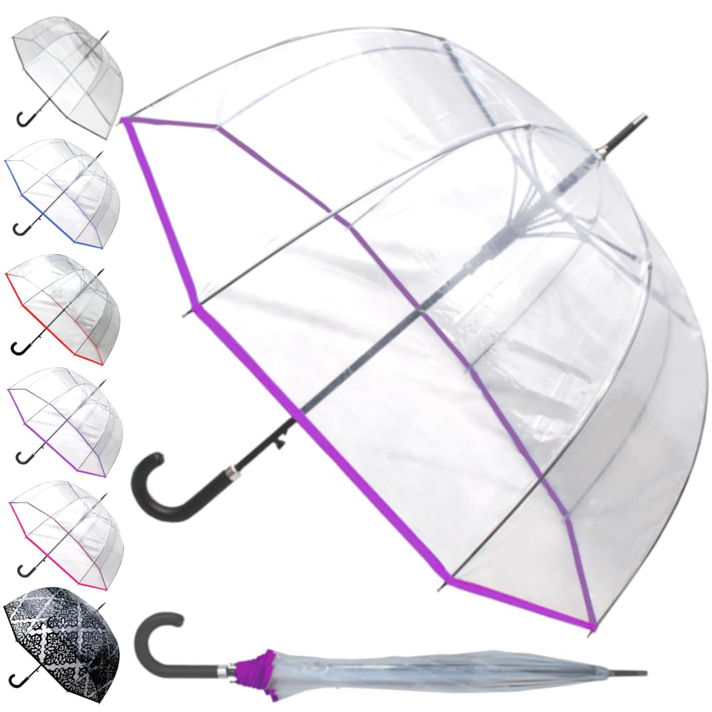 60MPH Rare Automatic Clear Umbrella - Windproof Dome Umbrella Strong - See Through Transparent Clear Plastic Canopy - Best for Visibility - Designer Fiberglass Men Women - Purple Trim