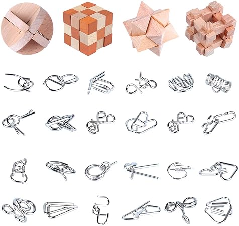 Amazon Brain Teasers 木製とメタルパズル 28ピース ロック解除 3d 脳パズルゲーム Iqテスト玩具 脳トレ おもちゃ 子供 大人用 立体パズル おもちゃ